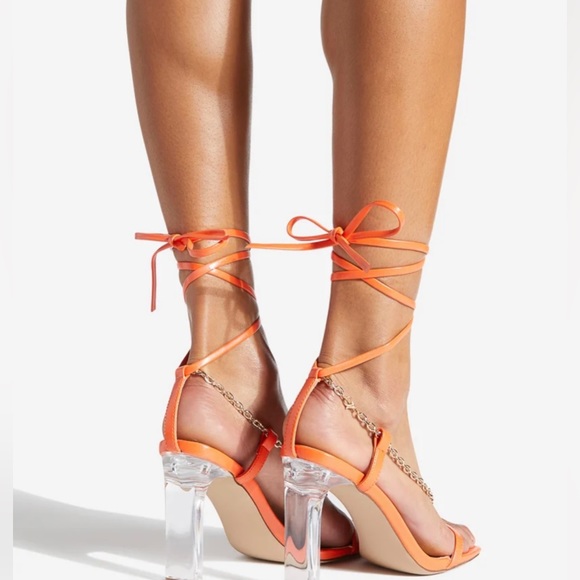 Orange Block Heels with wrap around styling & chain SALE!!!! Lowest price listed - Picture 3 of 3